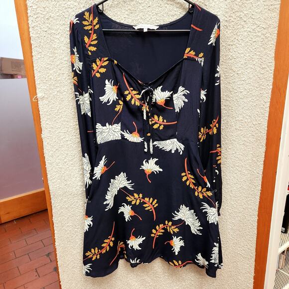 Sz 4 Fit & Flare Blue Autumn Tones Floral Long Sleeve Mini Dress Boho Chic Print - Picture 2 of 10